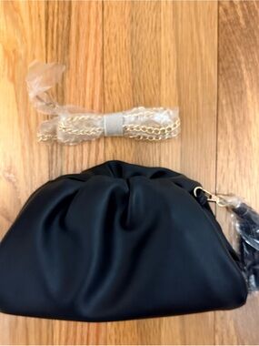 Rachel Zoe Black Gathered Leather Shoulder Clutch with Gold Chain & Tassel